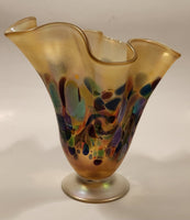 Arte Vargas Ruffled Lettuce Edge Iridescent Rainbow Spotted 6 5/8" Tall Hand Blown Art Glass Vase Signed