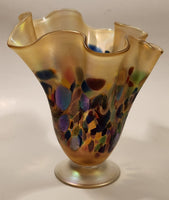 Arte Vargas Ruffled Lettuce Edge Iridescent Rainbow Spotted 6 5/8" Tall Hand Blown Art Glass Vase Signed