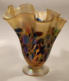 Arte Vargas Ruffled Lettuce Edge Iridescent Rainbow Spotted 6 5/8" Tall Hand Blown Art Glass Vase Signed