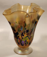 Arte Vargas Ruffled Lettuce Edge Iridescent Rainbow Spotted 6 5/8" Tall Hand Blown Art Glass Vase Signed