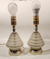 Vintage 1950s MCM Gold Trimmed Frosted Glass 14" Table Lamp Pair