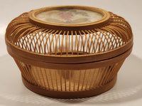 Vintage Asian Woven Bamboo Rattan Cricket Cage with Butterfly and Leaves Insert