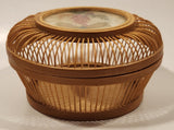 Vintage Asian Woven Bamboo Rattan Cricket Cage with Butterfly and Leaves Insert