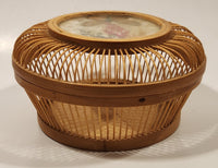 Vintage Asian Woven Bamboo Rattan Cricket Cage with Butterfly and Leaves Insert