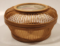 Vintage Asian Woven Bamboo Rattan Cricket Cage with Butterfly and Leaves Insert