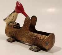 Vintage Red Woodpecker Bird Cast Iron Metal Mechanical Tooth Pick Grabber Holder