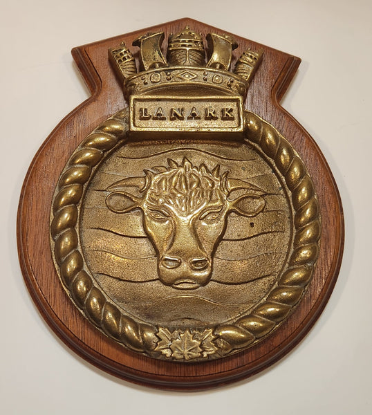 Vintage WWII Royal Canadian Navy HMCS Lanark Heavy Brass Crest Wood Plaque