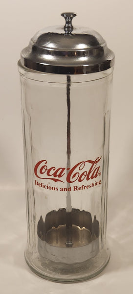 1992 Coca-Cola Delicious and Refreshing 11" Tall Glass and Metal Straw Holder