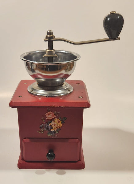 Vintage Red Flower Decor Wood and Metal Coffee Grinder Made in West Germany