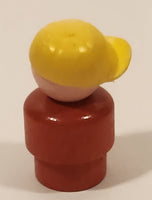 Vintage Fisher Price Little People Angry Mad Freckled Boy with Yellow Sideways Cap Red Wood Toy Figure