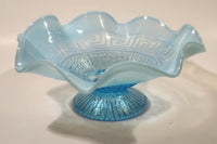 Antique 1910 Northwood Greek Key Meander Motif Ruffled Edge Opalescent Blue Art Glass Pedestal Candy Dish