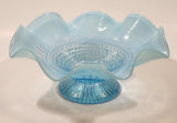 Antique 1910 Northwood Greek Key Meander Motif Ruffled Edge Opalescent Blue Art Glass Pedestal Candy Dish