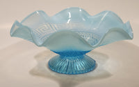 Antique 1910 Northwood Greek Key Meander Motif Ruffled Edge Opalescent Blue Art Glass Pedestal Candy Dish