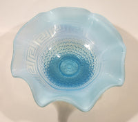 Antique 1910 Northwood Greek Key Meander Motif Ruffled Edge Opalescent Blue Art Glass Pedestal Candy Dish