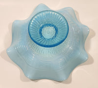 Antique 1910 Northwood Greek Key Meander Motif Ruffled Edge Opalescent Blue Art Glass Pedestal Candy Dish