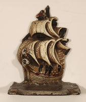 Antique 1920s Clipper Ship Hand Painted Distressed 4" Tall Heavy Metal Cast Iron Book End