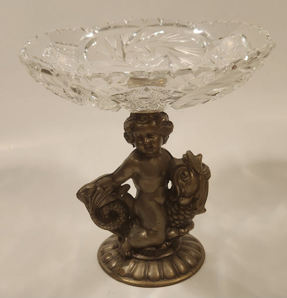 Antique 1930s 5599 Kintaro Boy Cherub Riding Koi Fish Brass and Crystal Glass Pedestal Candy Dish