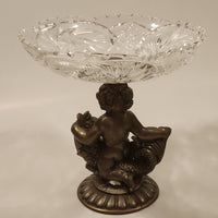 Antique 1930s 5599 Kintaro Boy Cherub Riding Koi Fish Brass and Crystal Glass Pedestal Candy Dish