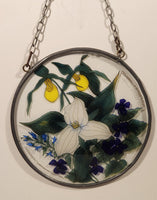 Toronto Stained Glass White Trillium Flower and Violets 6 1/2" Stained Glass Suncatcher Window Hanging