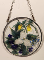 Toronto Stained Glass White Trillium Flower and Violets 6 1/2" Stained Glass Suncatcher Window Hanging