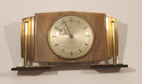 Vintage Metamec Brown Marble Look Bakelite and Brass Metal on Wood Base Wind Up Mantle Clock