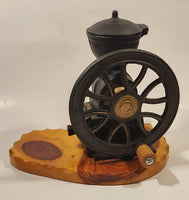 Antique Universal Black Cast Iron Side Wheel Coffee Grinder Mill on Wood Base