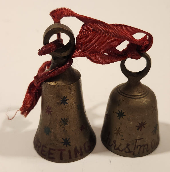 Vintage Sarna India Christmas Greetings Atomic Stars Engraved Hand Painted Miniature Brass Bells Set of 2