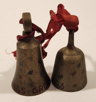 Vintage Sarna India Christmas Greetings Atomic Stars Engraved Hand Painted Miniature Brass Bells Set of 2