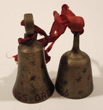 Vintage Sarna India Christmas Greetings Atomic Stars Engraved Hand Painted Miniature Brass Bells Set of 2