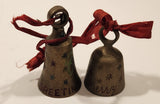 Vintage Sarna India Christmas Greetings Atomic Stars Engraved Hand Painted Miniature Brass Bells Set of 2