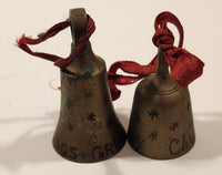 Vintage Sarna India Christmas Greetings Atomic Stars Engraved Hand Painted Miniature Brass Bells Set of 2