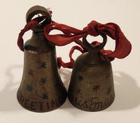 Vintage Sarna India Christmas Greetings Atomic Stars Engraved Hand Painted Miniature Brass Bells Set of 2