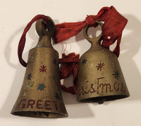 Vintage Sarna India Christmas Greetings Atomic Stars Engraved Hand Painted Miniature Brass Bells Set of 2