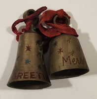 Vintage Sarna India Christmas Greetings Atomic Stars Engraved Hand Painted Miniature Brass Bells Set of 2