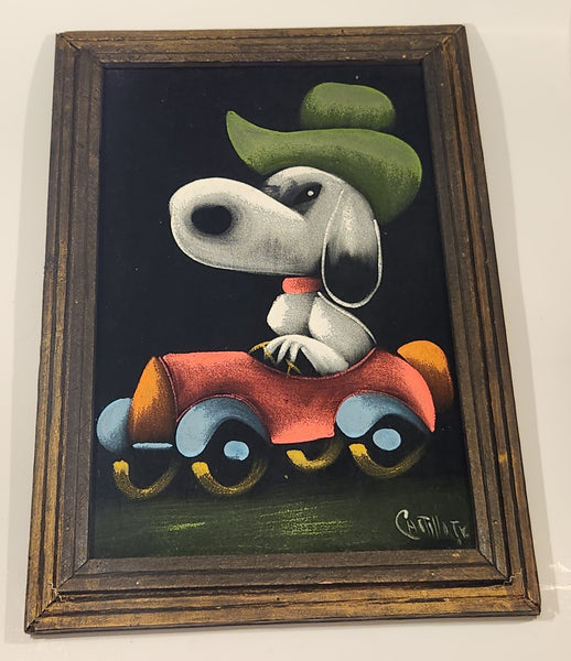 Vintage Signed Mexican Artwork Snoopy in Pedal Car 14 1/2" x 20 1/2" Original Painting on Black Velvet in Wood Frame