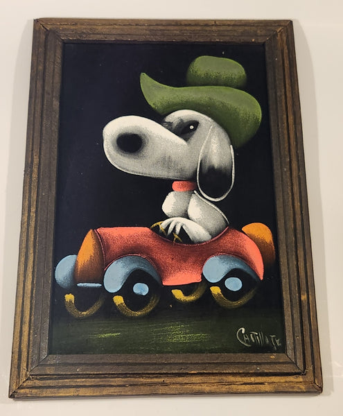 Vintage Signed Mexican Artwork Snoopy in Pedal Car 14 1/2" x 20 1/2" Original Painting on Black Velvet in Wood Frame