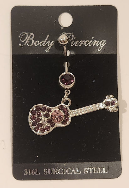 Guitar Shaped Dark Purple Button Ring Navel Body Piercing Surgical Steel New On Card