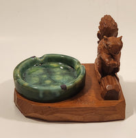 Vintage Squirrel Holding Nut Sitting On Log Wood Ashtray Holder with Green Drip Glaze Ashtray Signed Caron