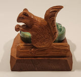 Vintage Squirrel Holding Nut Sitting On Log Wood Ashtray Holder with Green Drip Glaze Ashtray Signed Caron