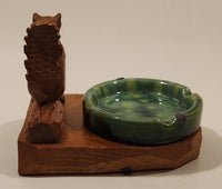 Vintage Squirrel Holding Nut Sitting On Log Wood Ashtray Holder with Green Drip Glaze Ashtray Signed Caron