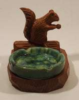 Vintage Squirrel Holding Nut Sitting On Log Wood Ashtray Holder with Green Drip Glaze Ashtray Signed Caron