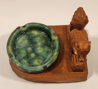 Vintage Squirrel Holding Nut Sitting On Log Wood Ashtray Holder with Green Drip Glaze Ashtray Signed Caron