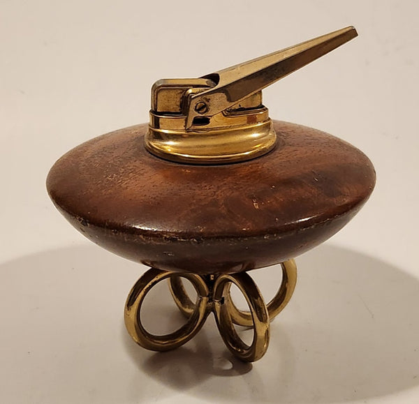 Vintage Ronson Round Teak Wood Table Lighter with Ring Brass Feet