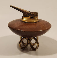 Vintage Ronson Round Teak Wood Table Lighter with Ring Brass Feet