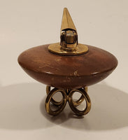 Vintage Ronson Round Teak Wood Table Lighter with Ring Brass Feet