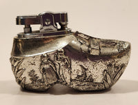 Vintage Dutch Clog Shoe Windmill Themed Embossed Chrome Table Top Lighter Made in Occupied Japan