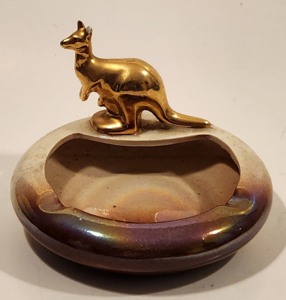 Vintage Wembley Quality Ware Gold Kangaroo Cream and Brown Lustreware Ceramic Ashtray Made in Australia