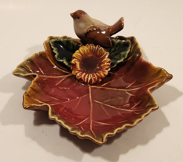 Vintage TII Collection Small Song Bird Brown Maple Leaf Shaped Hand Decorated Ceramic Ashtray Nut Dish Made in China