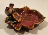 Vintage TII Collection Small Song Bird Brown Maple Leaf Shaped Hand Decorated Ceramic Ashtray Nut Dish Made in China