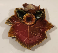Vintage TII Collection Small Song Bird Brown Maple Leaf Shaped Hand Decorated Ceramic Ashtray Nut Dish Made in China